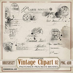 Vintage Postal Stamp Digital Clipart & Brush Pack | PNG, Stamp Brushset For Procreate, ABR for Photoshop | Scrapbook Overlay, Sticker | BR82