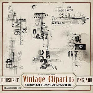 May include: Vintage clipart design with a beige background, featuring black ink splatters, numbers, and text fragments. Includes a baggage check, leaf illustrations, and the text "Vintage Clipart 116".