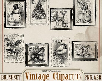 Paquete de imágenes prediseñadas y pinceles digitales de sellos postales antiguos (PNG), conjunto de pinceles para sellos para Procreate, ABR para Photoshop, superposición para álbum de recortes navideño (BR115)