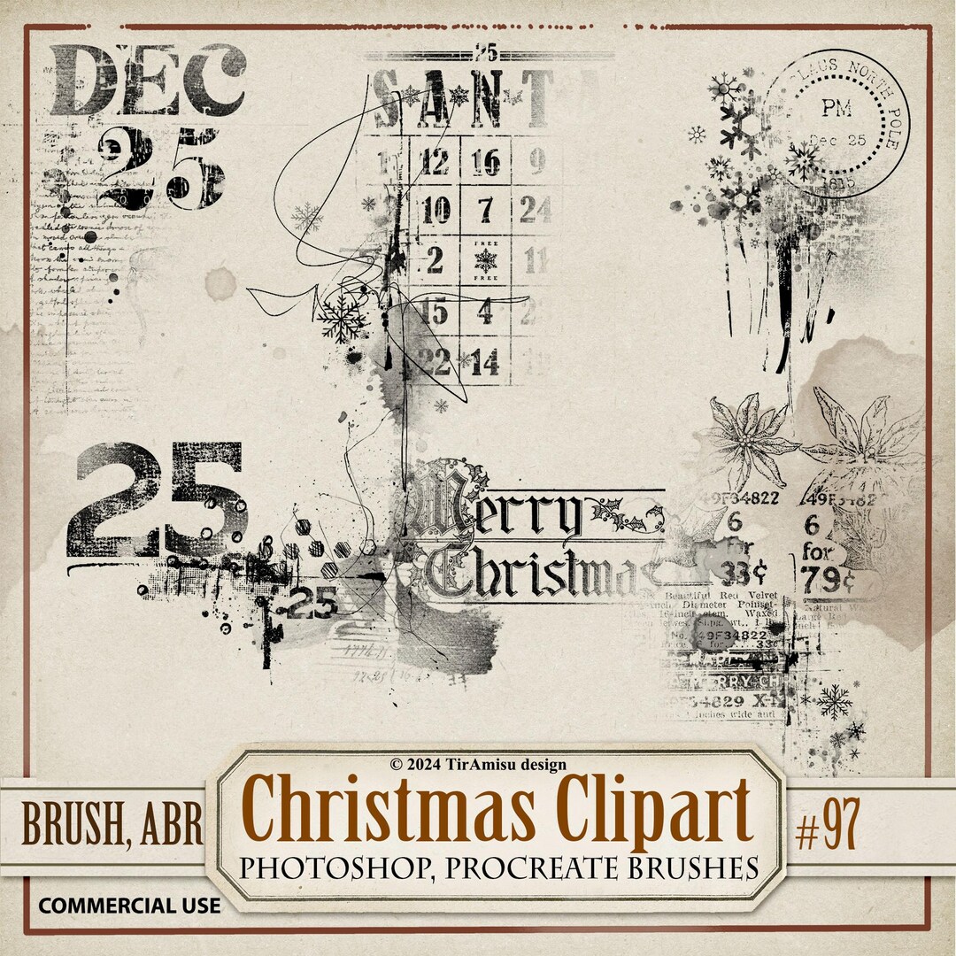 Vintage Christmas Digital Clipart & Brush Pack| PNG, Procreate Stamp ...