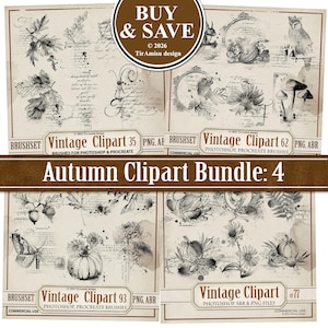 May include: A digital collection of autumn-themed clipart featuring black and white illustrations of pumpkins, acorns, leaves, mushrooms, owls, and butterflies on a beige background. The set includes text labels like Vintage Clipart and Autumn Clipart Bundle: 4.