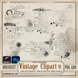 Letras manuscritas vintage (imágenes prediseñadas digitales PNG)/ Conjunto de pinceles Procreate/ Pinceles de Photoshop ABR/ Sellos, pegatinas, superposiciones y transferencias imprimibles/ 91