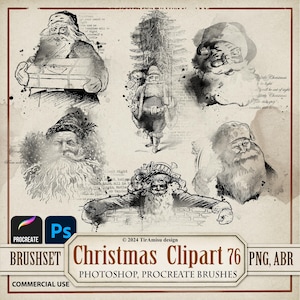 Vintage Père Noël numérique Clipart PNG | Ensemble de pinceaux Procreate| Pinceau Photoshop ABR| Tampon de Noël imprimable, transfert, autocollant| BR76