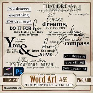 Clipart PNG digitale di parole ispiratrici/Set di pennelli per timbri Procreate/Pennello Photoshop ABR/Adesivo stampabile per diario spazzatura/WA 55