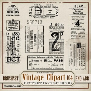 May include: A collage of vintage ephemera, including transportation tickets, stamps, and advertisements. The design features various fonts and text, with a sepia-toned color palette. The text includes "CROWN MERTON", "LAND ROVER SERVICE", and "Vintage Clipart 104".