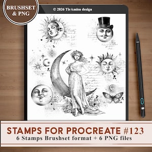 May include: A digital collection of black and white illustrations featuring a person standing on a crescent moon, sun faces, a moon face, a butterfly, and stars. The set includes text elements and is labelled as STAMPS FOR PROCREATE #123.