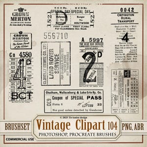 May include: A collage of vintage ephemera, including tickets, stamps, and advertisements. The design features various fonts and text, with a sepia-toned color palette. Text includes "Vintage Clipart 104" and "Commercial Use."