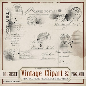 Zestaw cyfrowych clipartów i pędzli ze starymi znaczkami pocztowymi | PNG, zestaw pędzli do stempli dla Procreate, ABR do Photoshopa | Nakładka grunge do albumu ze zdjęciami | BR82
