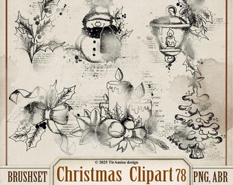 Pacchetto di clipart e pennelli digitali natalizi/PNG, set di pennelli per timbri per Procreate, ABR per Photoshop/sovrapposizione di album grunge, adesivo/BR78