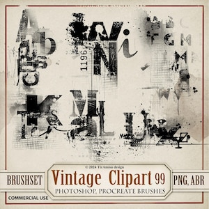 Vintage Alpha Digital Clipart & Brush Pack| PNG, Stamp Brushset For Procreate, ABR for Photoshop| Grunge Scrapbook Overlay, Sticker | BR99