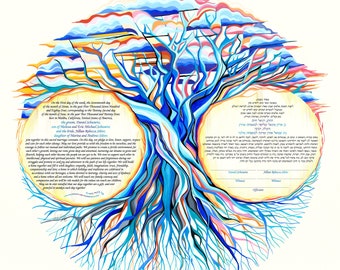 Nava Shoham ~ Tree of Life in Blue ketubah ~ 1800ketubah.com