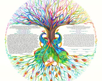 Nava Shoham ~ TREE OF LIFE Peacoks Ketubah ~1800Ketubah.com