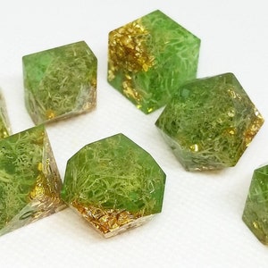 May include: Set of seven green and gold dice with a unique, natural, and organic look. The dice are made of clear resin with gold flakes and green inclusions that resemble moss or lichen.
