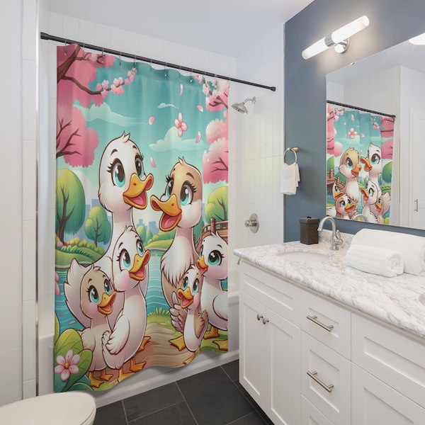 Duck Shower Curtains. Cute. Ducklings. Ducks. Splash. Shower. Bathroom. Curtain. Anime. Sakura. Cherry Blossom