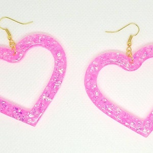 Heart Earrings, Oversize, Sparkle, Large, Kawaii, Pink, Valentine, Dangle, Love, Glossy, Jewelry, Statement, Bold, Silver, Red