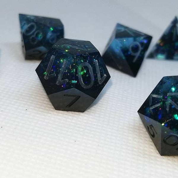 Deep Ocean Nebula Dice. 7 Dice Set. Galaxy Dice. DISCOUNTED. Space. Stars. DnD. Dungeons & Dragons. Teal. Polyhedral. RPG. Handmade, Game