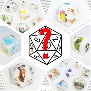 May include: A collection of clear, multi-sided dice featuring various cartoon characters and designs. The dice showcase images of characters like Bart Simpson, Harley Quinn, and others. A large, black and white D20 die with a red question mark is in the center.