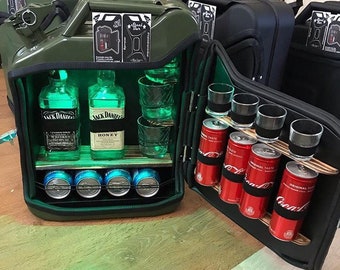 Spirits Mixers Glasses Bottles GREEN ASOC Metal Jerry Can Drinks Cabinet Mini Bar