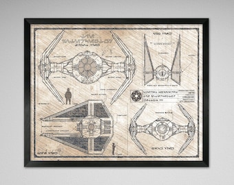 Star Wars - Tie Interceptor - Da Vinci or Blueprint Illustration - 8x10 or 16x20 inches