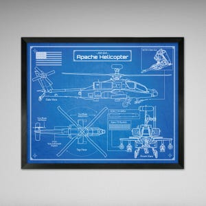 Helicóptero de ataque AH-64 Apache - Ilustração no estilo Da Vinci ou em planta baixa - 20x25 cm ou 40x50 cm