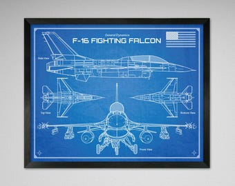 F-16 Fighting Falcon - Da Vinci or Blueprint Style Illustration - 8x10 or 16x20 inches