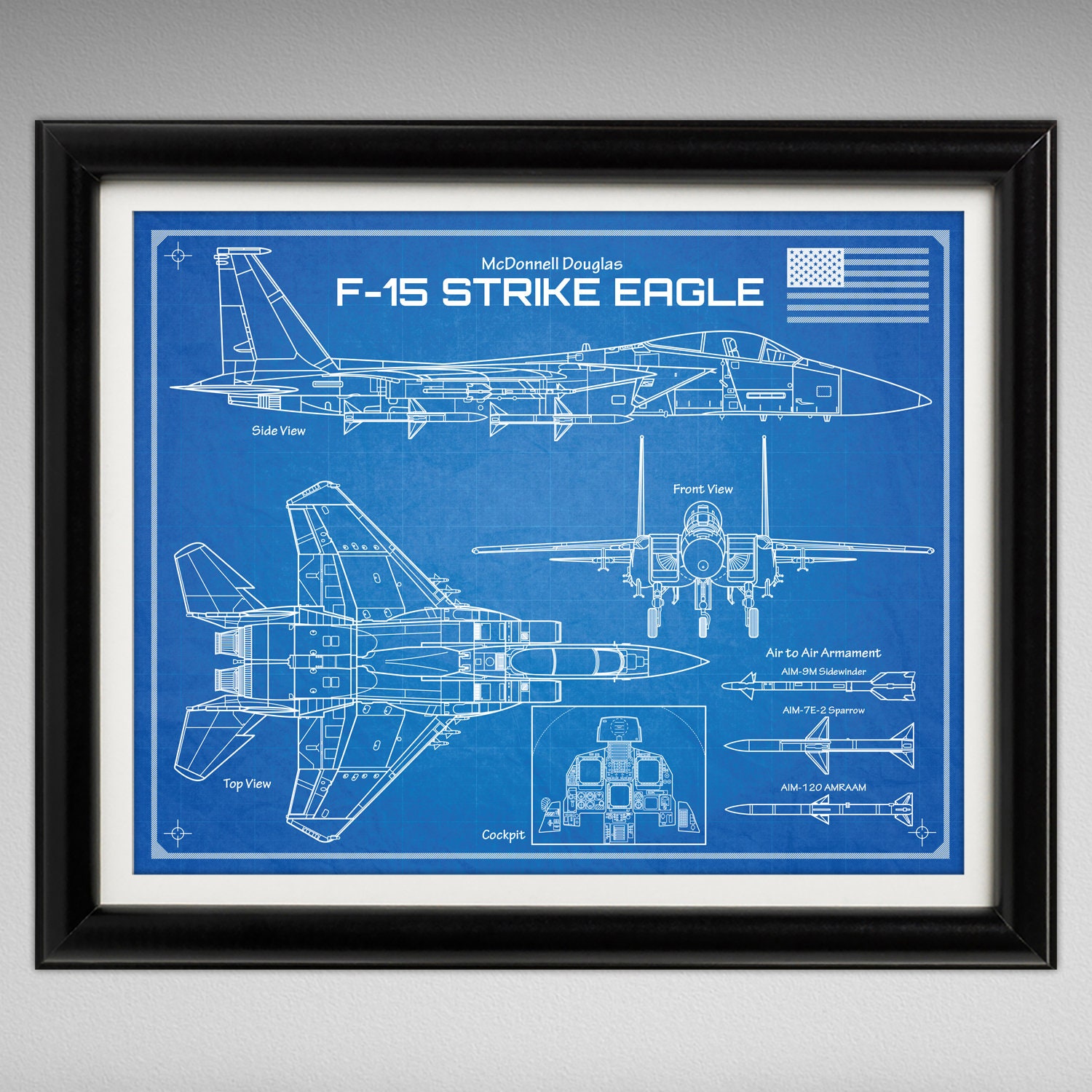 F-15 Strike Eagle - Da Vinci or Blueprint Style Illustration - 8x10 or 16x20 inches