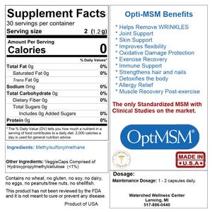 May include: A white and blue label with the words "Supplement Facts" and "Opti-MSM Benefits" printed on it. The label lists the nutritional information for a dietary supplement and describes the benefits of Opti-MSM. The label also includes a blue and white logo for Opti-MSM.