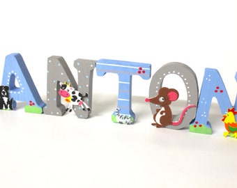 Letras de madeira porta de quarto infantil animais de fazenda meninos