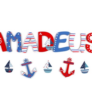 Letras de madeira, letras de porta, com estrelas - individuais - loja favorita, marítima, barcos à vela, azul, vermelho