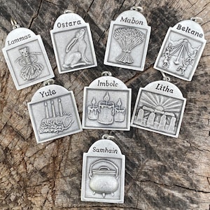 Pewter Sabbat Pendants set of eight, Imbolc, Ostara, Beltane, Litha, Lammas, Mabon, Samhain and Yule