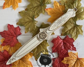 Hand Crafted Wooden Ritual Athame with Pentagram and Triple Moon