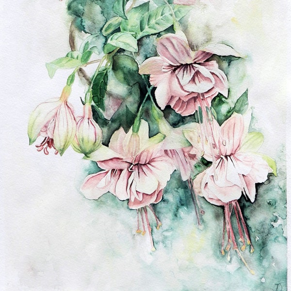 Lebendiges Blumenaquarell, Floral, Fuchsia, Blume, Watercolor, Original, Unikat, Malerei