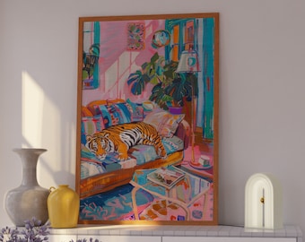 Tiger Poster, Maximalist Decor, Trendy Pink Wall Art, Tiger Art Print, Pink Aesthetic Decor, Tiger Drawing, Dopamine Decor, Wall Art