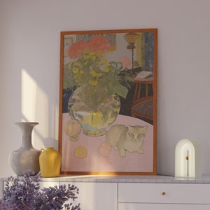 Cartel de gato, arte floral de la pared, decoración de la cocina, impresión de arte rosa, arte de la pared de moda, decoración del hogar femenino, impresión del gato, cartel de cóctel, decoración del hogar rosa