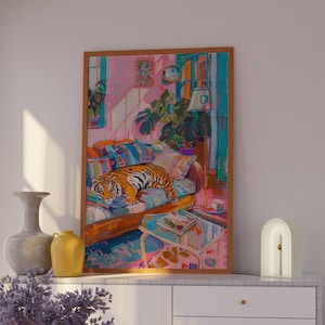 Cartel del tigre, decoración maximalista, arte de la pared rosa de moda, impresión de arte del tigre, decoración estética rosa, dibujo del tigre, decoración de dopamina, arte de la pared