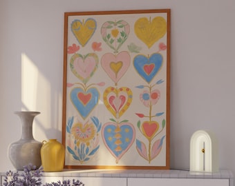 Cottagecore Decor, Hearts Poster, Trendy Wall Decor, Pastel Wall Decor, Soft Girl Aesthetic Decor, Preppy Dorm Decor, Floral Art Prints