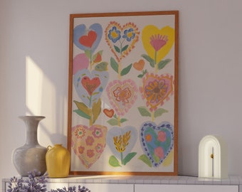 Floral Art Prints, Gift For Mom, Cottagecore Decor, Hearts Poster, Trendy Wall Decor, Pastel Wall Decor,  Preppy Dorm Decor