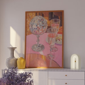 Champagne problemen print, bar kar print, disco bal poster, trendy kunst aan de muur, roze disco bal print, appartement decor, roze keuken decor