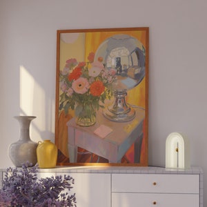 Impressão de carrinho de bar, pôster floral, decoração de cozinha, impressão de arte moderna, decoração retrô divertida, pôster de bola de espelho, decoração de casa dos anos 70, arte de declaração de bola de discoteca