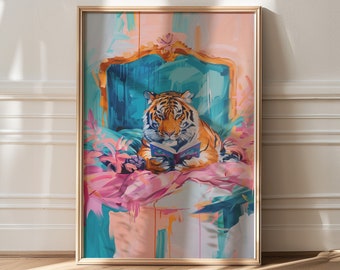 Konsttryck med blågrön och rosa tiger: Maximalistisk heminredning