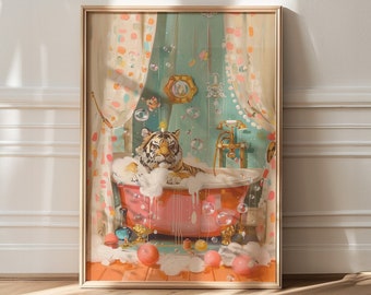 Maximalist Bathroom Decor, Tiger In The Bath Poster, Tiger Poster, Maximalist Bathroom Wall Art, Dopamine Decor, Pink Kitsch Aesthetic