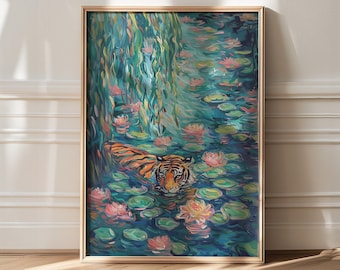 Colorful Tiger Painting, Maximalist Art, Lush Floral Artwork, Trendy Wall Art, Swimming Tiger in Lily Pond, Impressionist Nature Art