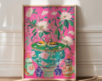Floral Chinoiserie Print: Pink Maximalist Duck Art