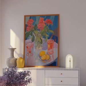 Decoración de pared en colores pastel danés, decoración de pared Matisse de moda, arte floral de la pared, decoración de la cocina, impresión de arte de limón, cartel de cóctel de decoración del hogar femenino