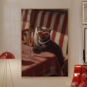 ウォールアート、黒猫サングラスプリント、コケットパールコア装飾、プレッピーシャンパン動物ポスター、寮やバー向けのドーパミンポップアート、コケットアート
