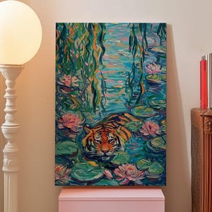 Tiger in Lily Pond Canvas Print: Maximalist Floral Nature Art