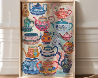 Colorful Kitchen Decor, Maximalist Kitchen, Teapot Wall Art, Cute Kitchen Decor, Colorful Art, Dopamine Decor Kitchen, Eclectic Print