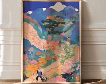 Colorful Mountain Landscape Art Print: Eclectic Living Room Wall Decor