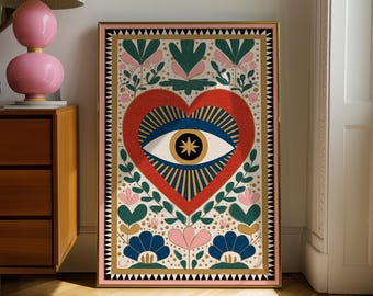 Sacred Heart Eye Art Print: Mistyczna sztuka ścienna w stylu ludowym, wystrój duchowy w stylu boho