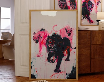 Pink Panther Lion Abstract Art Print: Maximalist Safari Wall Decor